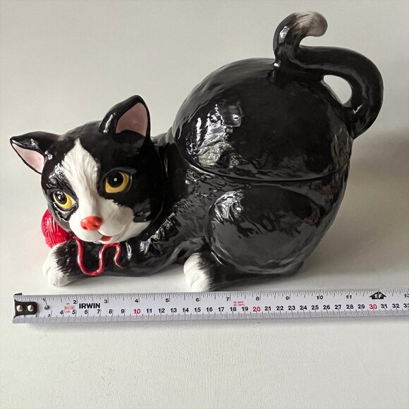 Vintage Tuxedo Cat Cookie Jar Ceramic Black White Kitten w/ Red Yarn Ball Rare - Picture 9 of 12